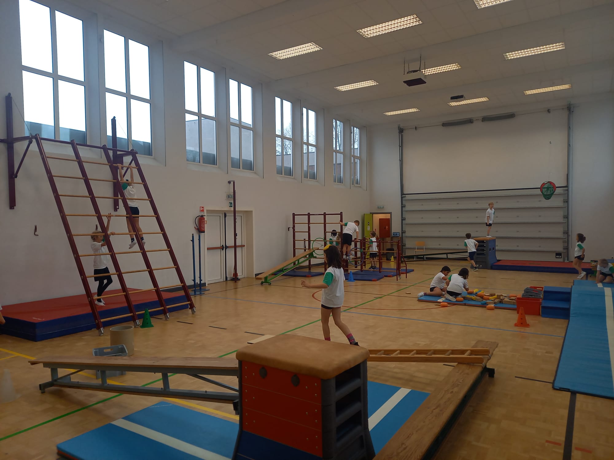 Turnzaal met kinderen die allerlei pietenacties uitvoeren